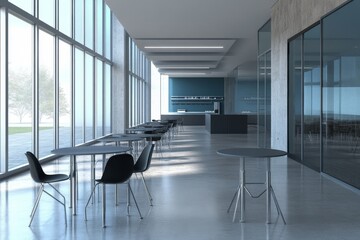 Modern office break room with large windows, concrete walls, and a kitchen area.