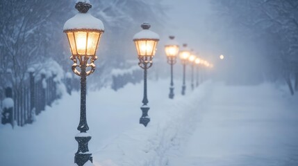 Snow-covered path lined with ornate street lights, creating a cozy winter atmosphere