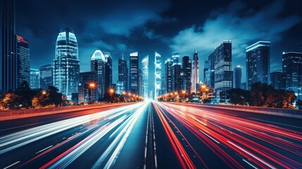 Fototapeta premium A vibrant cityscape at night with light trails from moving vehicles on a busy highway.