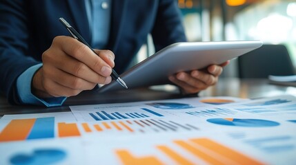 Young Entrepreneur Using Tablet to Review Business Analytics and Statistics in a Modern Workspace During a Productive Meeting Session
