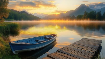 Fototapeta premium A wooden rowboat docked at the edge of an idyllic lake, surrounded by lush greenery and mountains under a golden sunset sky