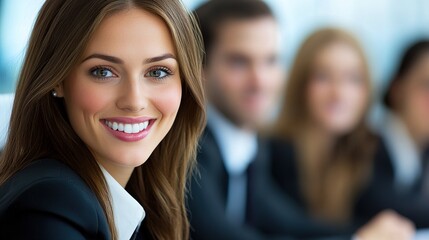 Obraz premium Young Businesswoman Smiling in a Meeting, Reflecting Positivity and Confidence Amid a Group Discussion in a Modern Office Setting