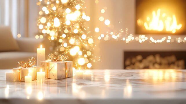 A softly lit marble surface displays elegantly wrapped gifts and glowing candles, set against a blurred backdrop of a Christmas tree and a warm fireplace, creating a festive and cozy atmosphere.