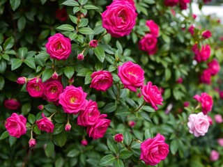 Obraz premium fuchsia colored bush roses against a lush green background, floral arrangement, summer hues