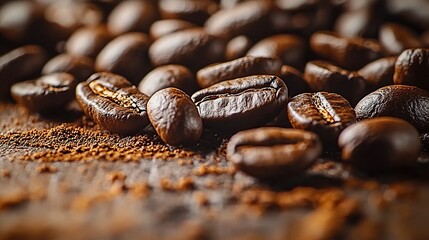 Fototapeta premium A close-up of coffee beans on a wooden table, showcasing their rich color and texture. The image is created using photo-realistic techniques