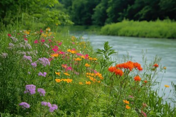 Vibrant Wildflowers Along a Riverbank