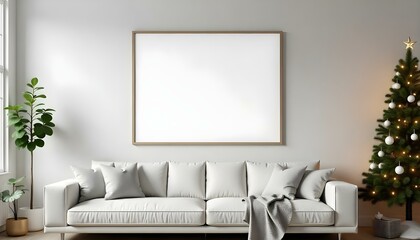 A cozy living room with a large white sofa, a Christmas tree with lights, and a blank framed wall art