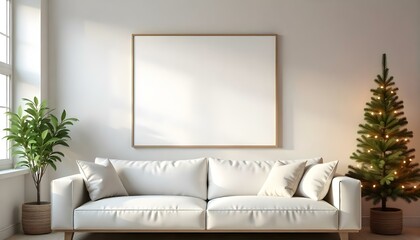 Obraz premium A cozy living room with a large white sofa, a Christmas tree with lights, and a blank framed wall art