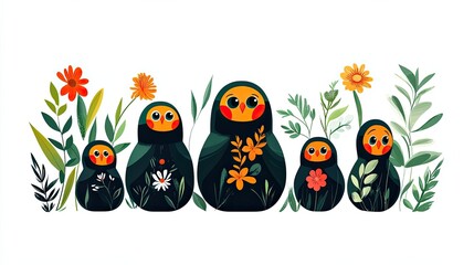 Naklejka premium A Row of Colorful Nesting Dolls with Floral Decorations