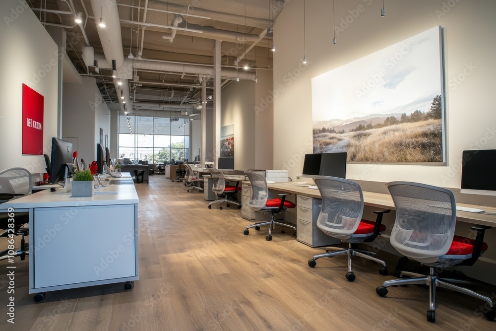 Poster modern office interior with rows of desks, chairs, and computers. a large canvas print of a landscap