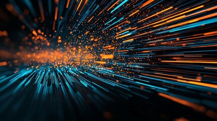 Blue and orange data streams in dynamic explosion, glowing light trails on dark surface, high contrast, abstract tech energy, concept of digital disruption