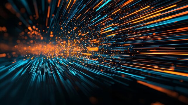 Blue and orange data streams in dynamic explosion, glowing light trails on dark surface, high contrast, abstract tech energy, concept of digital disruption