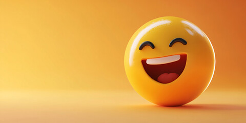 Fototapeta premium laughing emoji. A yellow emoji smiling broadly, against a bright orange background,