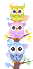 Naklejka premium Three Colorful Owls Perched on a Branch, Adorable Cartoon Illustration