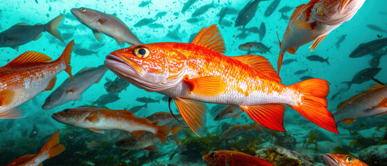 Plastic Pollution Microplastics Wildlife Concept. Vibrant orange fish swimming among a school in clear blue water.