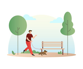 Park Activities Character Illustration Man Walking with Dog