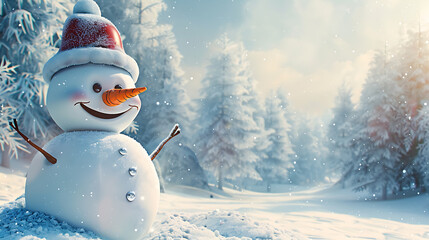 Obraz premium Snowman in a forest with copy space, Christmas banner illustration.