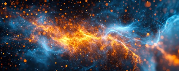 High-speed digital particles converging and scattering, blue and orange color scheme, futuristic data explosion, dark background, tech-inspired visuals