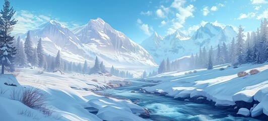 Snowy Mountain Landscape with a Serene River Flowing Through a Winter Wonderland