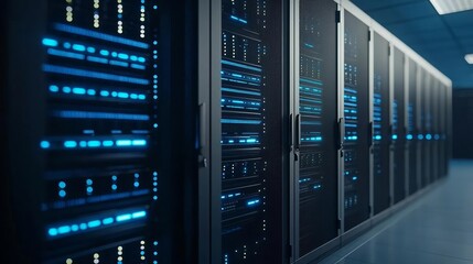 Modern server room with illuminated blue lights, organized data racks, high availability systems, tech-driven environment, secure digital infrastructure