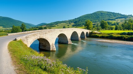 Fototapeta premium A picturesque stone bridge arches over a serene river, surrounded by lush greenery and rolling hills under a clear blue sky.