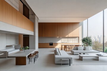 Fototapeta premium A modern living room with large windows, wooden floors, and a spacious layout.