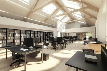 Modern, spacious office with skylights, wooden beams, and a large bookshelf, offering a bright and inspiring work environment.
