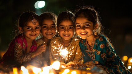 Group of young children gathering around the Lohri bonfire with sparklers, filling the night with warmth and excitement