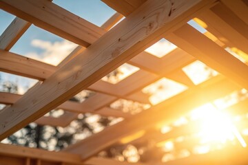 Fototapeta premium Wooden Roof Frame Construction with Sunlight Shining Through