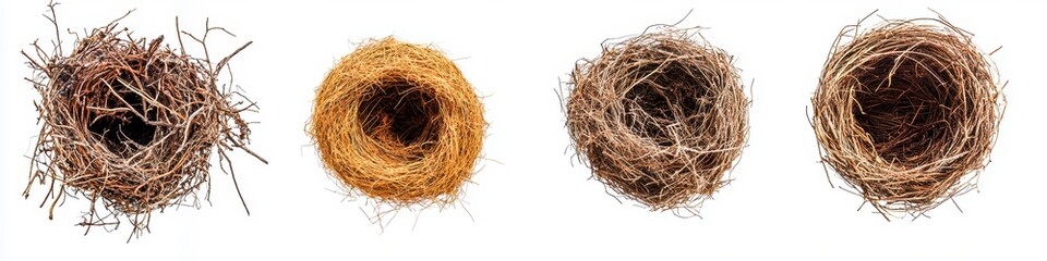 Obraz premium A series of four bird nests displayed in a row, showcasing varying textures and colors, highlighting natural materials used in nest construction.