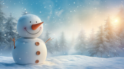 Snowman in forest with copy space during sunrise time.