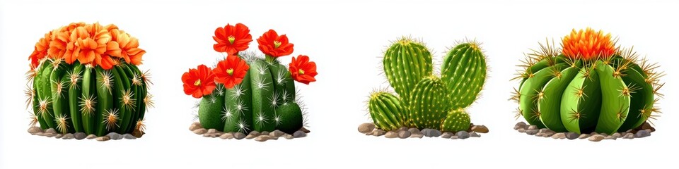 Obraz premium A vibrant collection of cacti, showcasing various shapes and colorful flowers, perfect for desert-themed decor and gardening enthusiasts.