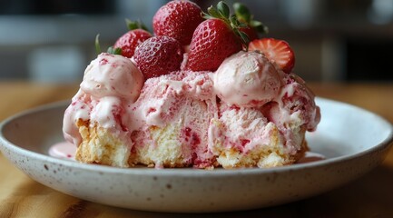 Strawberry ice cream dessert on a plate.
