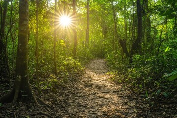 Sunlit Path Through a Lush Green Forest