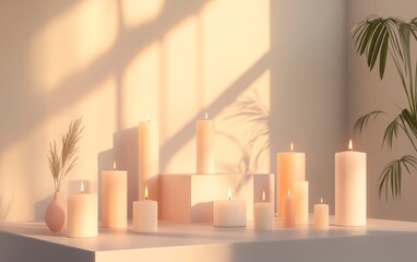 A serene arrangement of candle casting warm light in a minimalist setting.