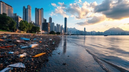 Urban Pollution by the Water's Edge at Sunset