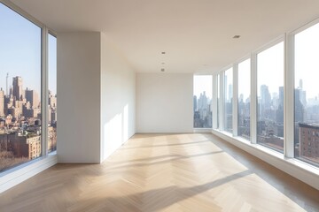 Obraz premium Empty room with large windows overlooking a city skyline.