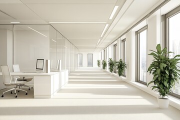 Fototapeta premium Modern office space with white desks, chairs, and glass walls. Natural light floods the room through large windows, illuminating the clean and minimalist design.