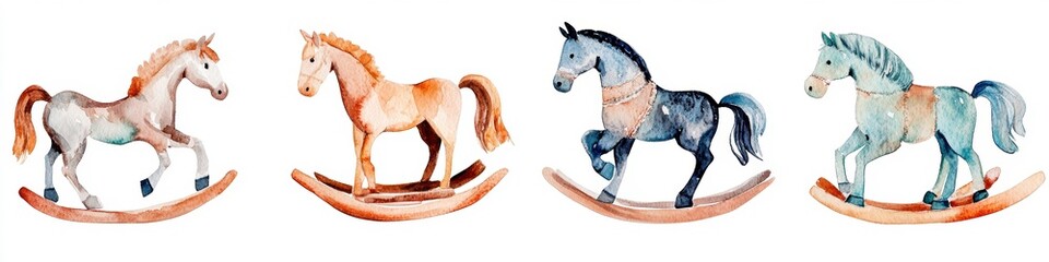 A colorful watercolor illustration of four rocking horses in various poses, showcasing artistic detail and playful charm.