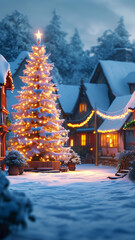 A quaint village covered in snow, with a glowing Christmas tree in the town square, houses adorned with festive lights, and a peaceful winter atmosphere.
