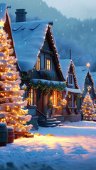A quaint village covered in snow, with a glowing Christmas tree in the town square, houses adorned with festive lights, and a peaceful winter atmosphere.
