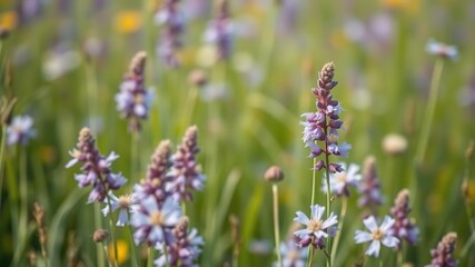 Naklejka premium purple flowers swaying in the breeze of a spring meadow, outdoor landscape, green grass, blooming flowers