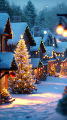 A quaint village covered in snow, with a glowing Christmas tree in the town square, houses adorned with festive lights, and a peaceful winter atmosphere.