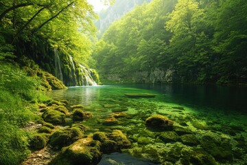 Obraz premium Tranquil Forest Pool with Waterfall and Lush Greenery