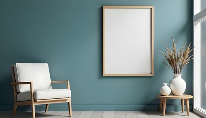 A minimalist living room with a large empty white frame on a teal blue wall, a white armchair, and a small wooden side table with a white ceramic vase