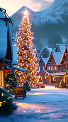 A quaint village covered in snow, with a glowing Christmas tree in the town square, houses adorned with festive lights, and a peaceful winter atmosphere.