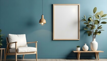 A minimalist living room with a large empty white frame on a teal blue wall, a white armchair, and a small wooden side table with a white ceramic vase