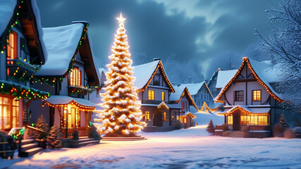 A quaint village covered in snow, with a glowing Christmas tree in the town square, houses adorned with festive lights, and a peaceful winter atmosphere.