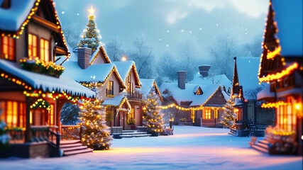 A quaint village covered in snow, with a glowing Christmas tree in the town square, houses adorned with festive lights, and a peaceful winter atmosphere.