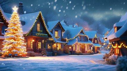 A quaint village covered in snow, with a glowing Christmas tree in the town square, houses adorned with festive lights, and a peaceful winter atmosphere.
